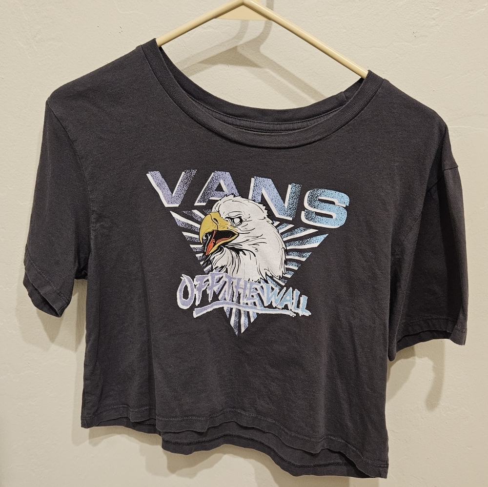 Women’s VANS Shirt Crop Top Off The Wall Gray Graphic Logo Size XS